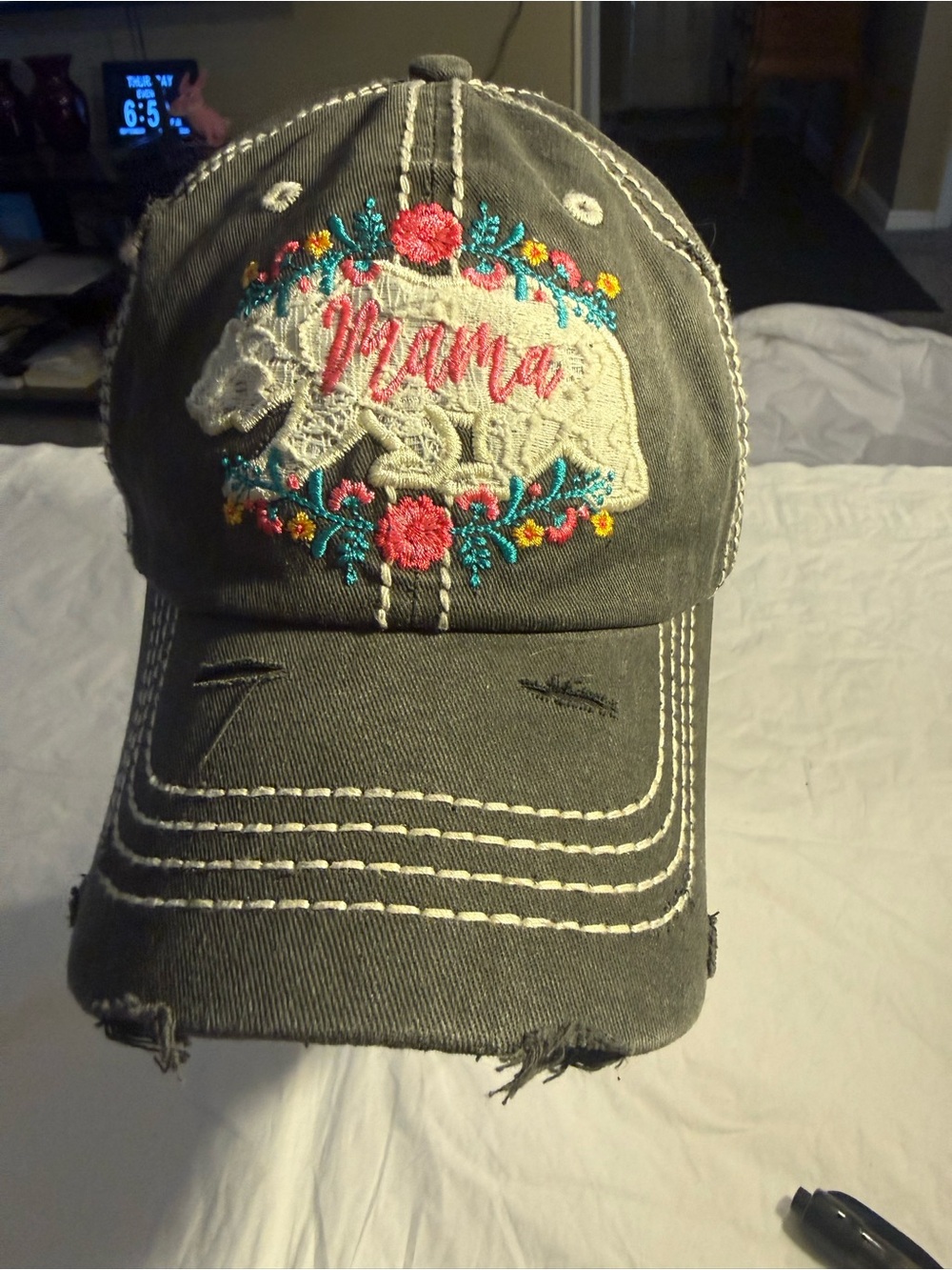 Gray 'Mama' Embroidered Distressed Baseball Cap